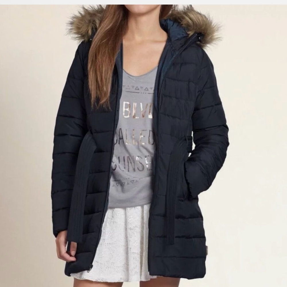Navy quilted Hollister Scripp Pier Fur Trim Hooded Puffer Jacket,Size: Large